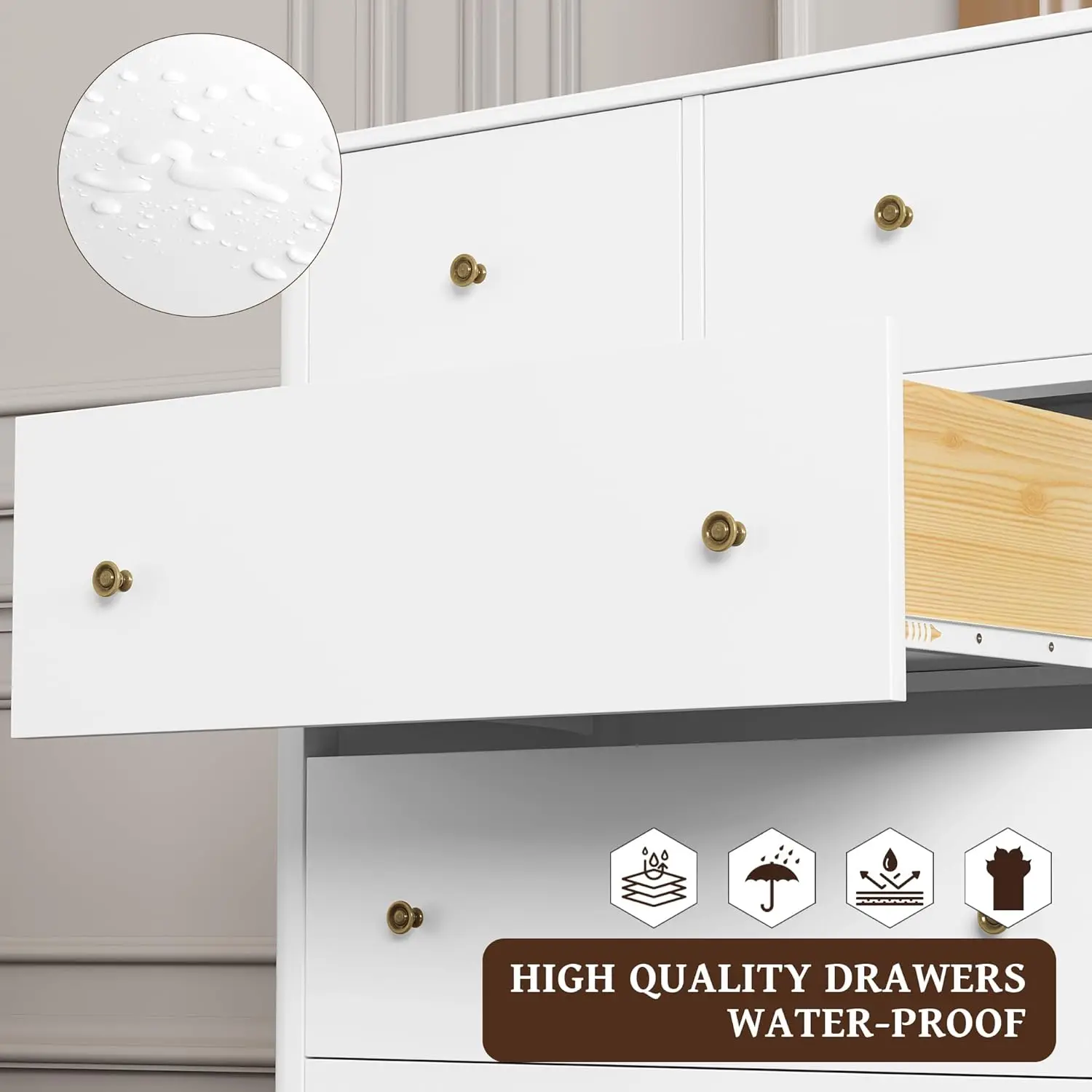 White Dresser with 5 Drawers, Tall Dresser Chest of Drawers, 5 Drawer Dresser with Deep Space, Wood Storage