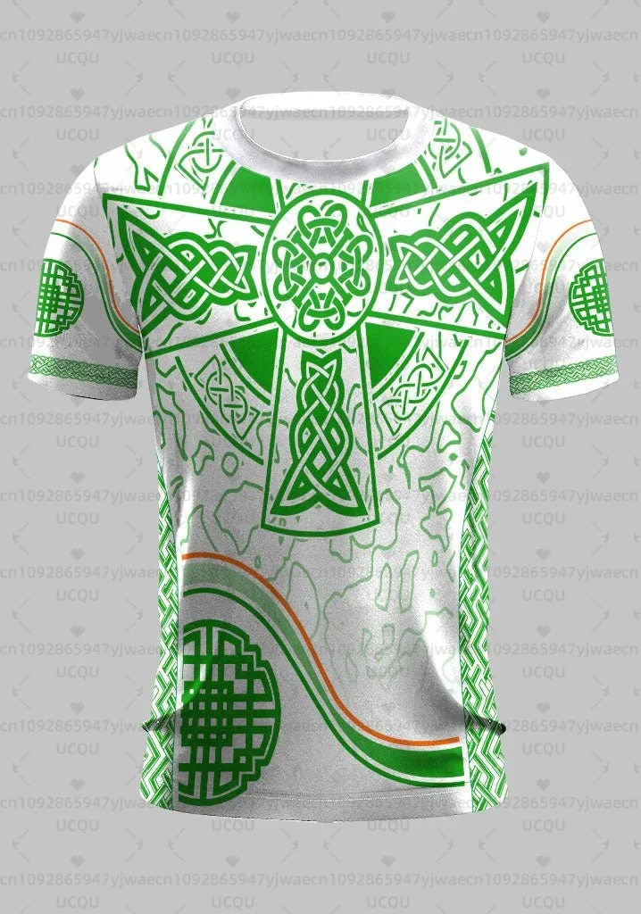 Herren- und Damen-T-Shirt mit keltischem Kreuz, traditionellem irischen Design, keltischen Knoten und Kleeblatt-Print, irische Flagge, lässiges Freizeitshirt