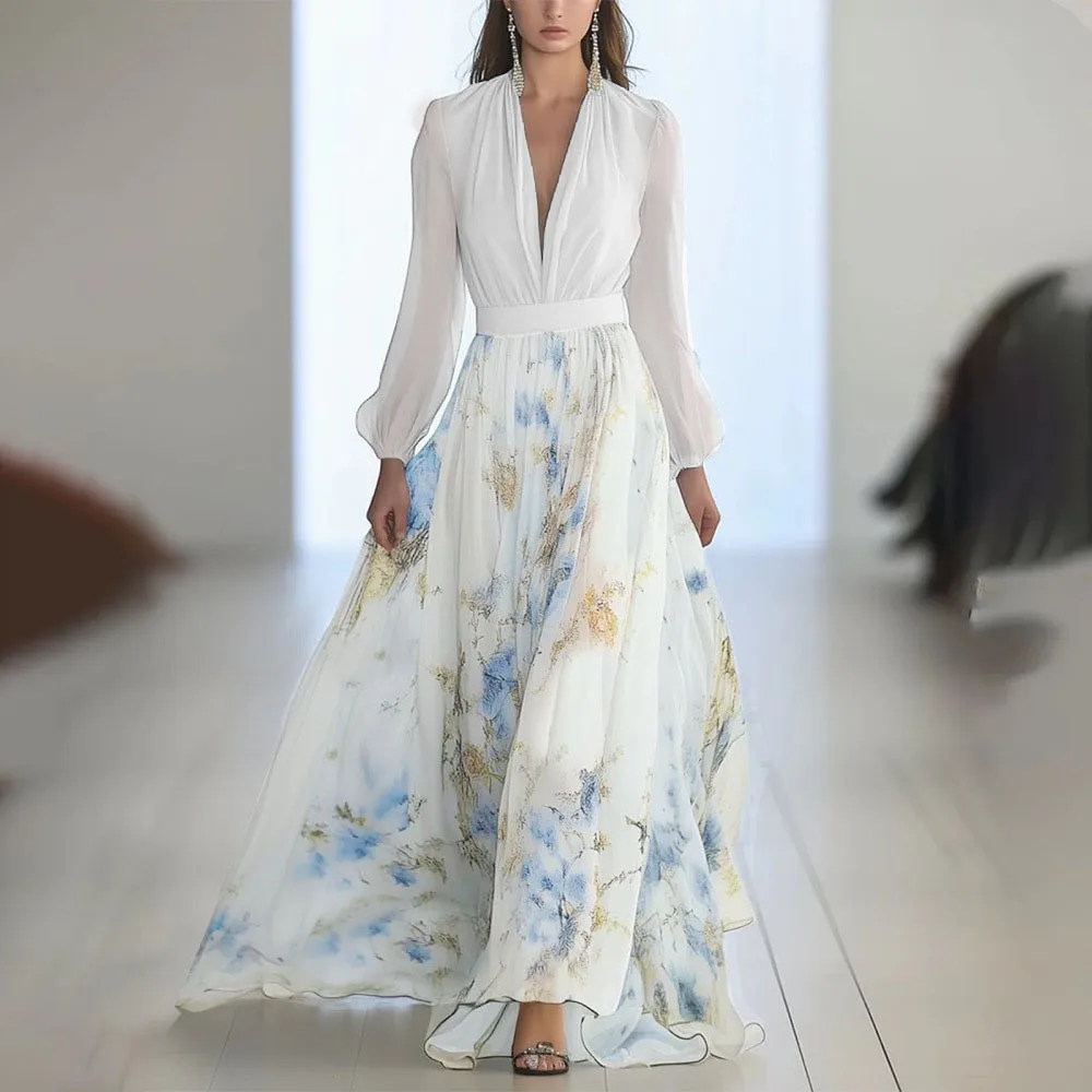 Indian Saree Woman Dress Puff Sleeve V Neck Printed Dresses Wrap A Line Maxi Dress Bubble Sleeve Floral Print Long Dress - view 4