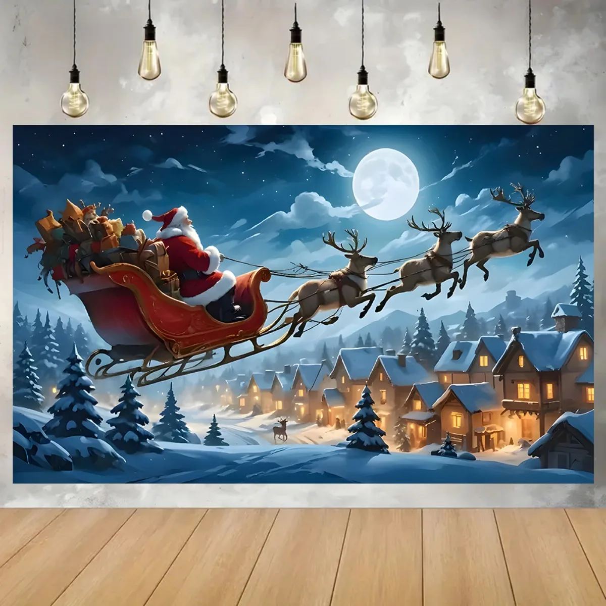 1 pancarta navideña de fondo súper grande, escena de pueblo nevado de renos y trineo de Papá Noel, tela de poliéster duradera, sin electricidad