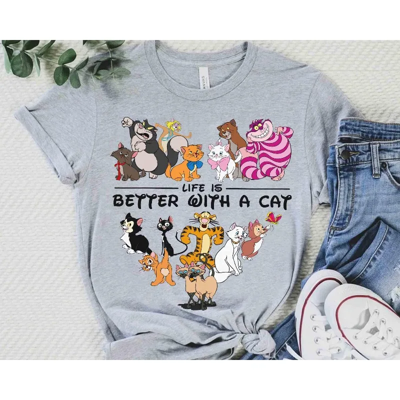 حياة ديزني الكلاسيكية أفضل مع قميص قطة، هدية لمحبي القطط من ديزني لاند، قميص أمي القطط والأب، قميص ديزني للحيوانات الأليفة