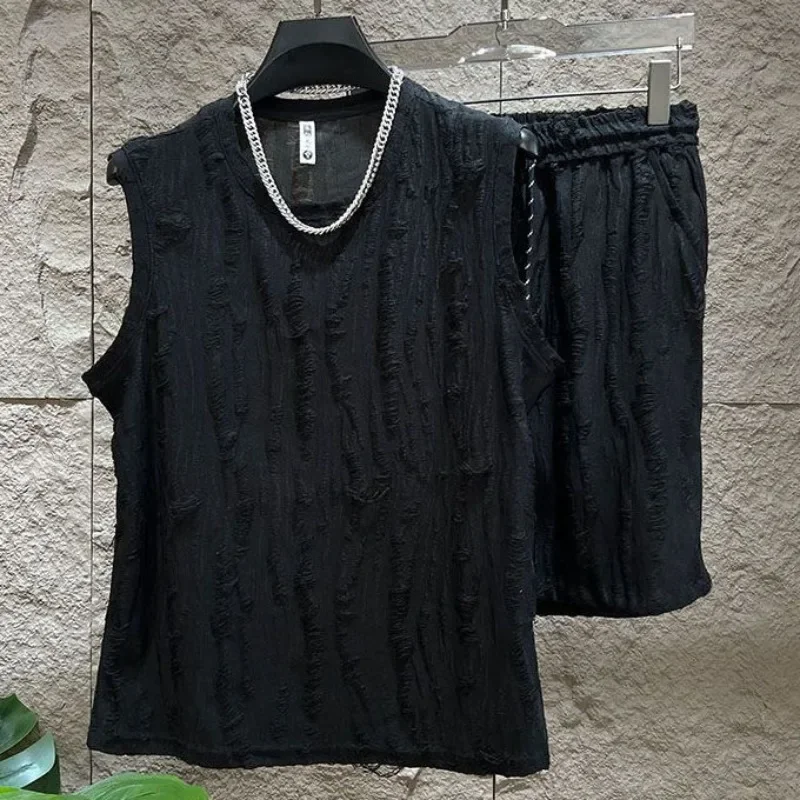 Pop Men's Sleeveless T-Shirt Shorts Set O-Neck Casual Hollow Tank Top + Shorts Hole Hollow Quick Male Breathable Vest 2 Piece Se