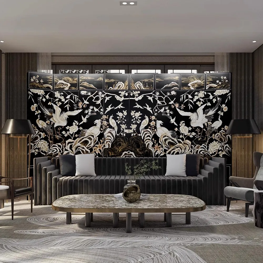 

！@Antique French Folding Screen Solid Wood Pine Decorative Partition Hand-Painted Crane for Living Room or Villa Furniture