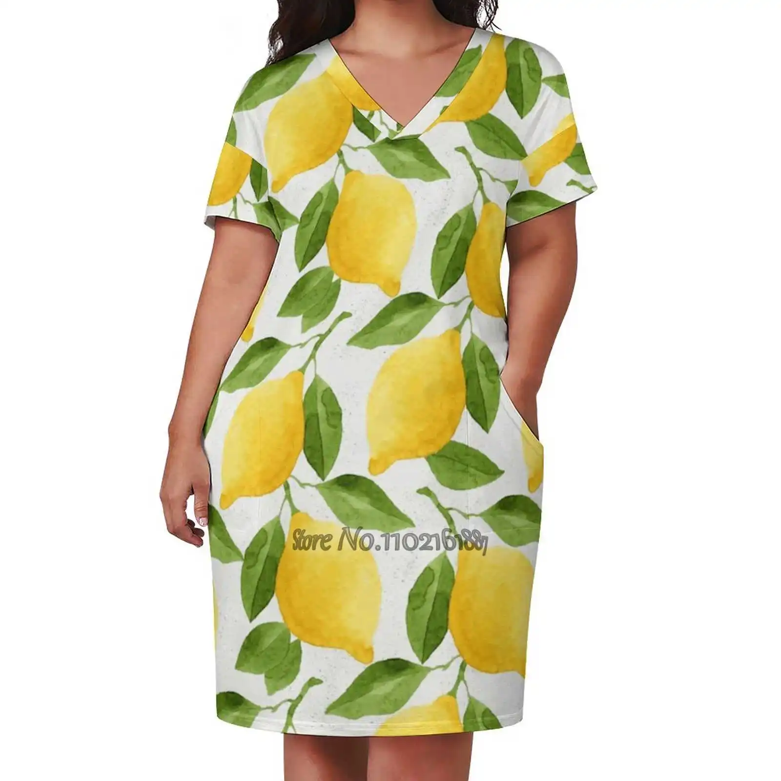 

Watercolor Lemon Pattern Design Print Dress Short Sleeve V-Neck Fashion Skirt Thin Short Sleeve Skirts Watercolor Citrus Fruit