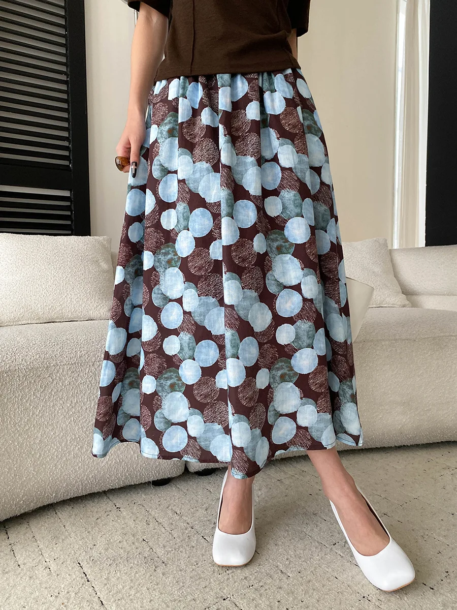 Autumn new French retro oil painting polka dot print elastic high waisted skirt