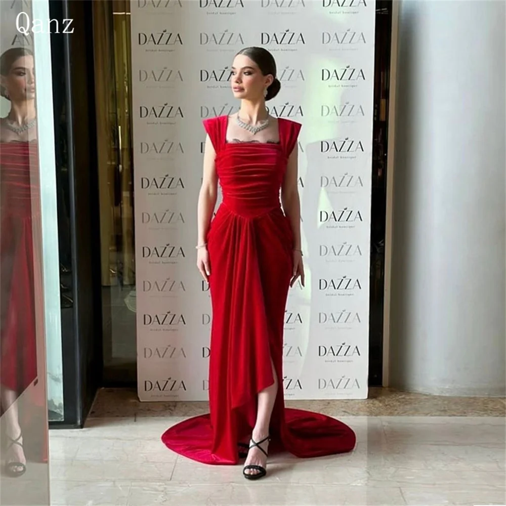 

Qanz Elegant Red Evening Dresses Velour High Slit Mermaid Formal Occasion Dresses Spaghetti Straps Pageant Dresses for Women