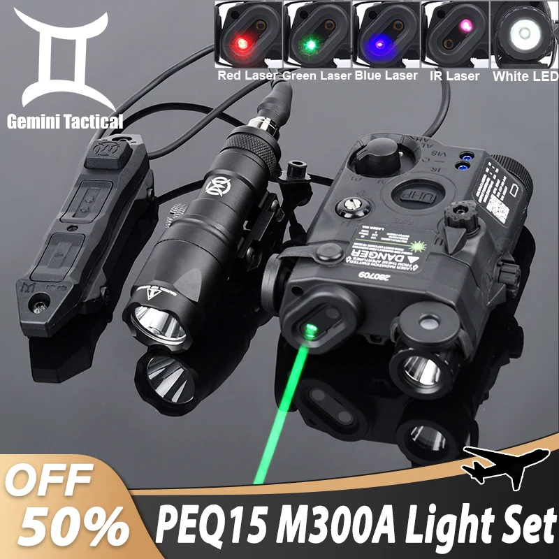 

WADSN Tactical PEQ15 Red/Green/Blue Laser+IR Fill Light Flashlight Airsoft Surefir M300A Hunting Weapon Scout Lamp With Switch