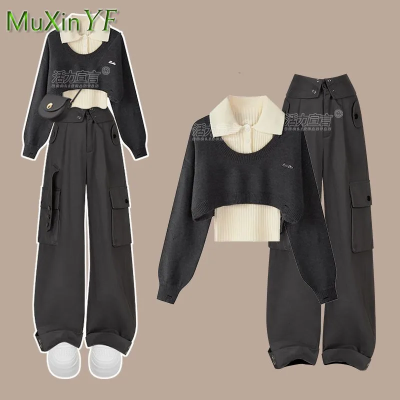 Women Autumn/Winter New In Matching Set 2024 Korean Elegant Knit Sweater+Bottom Shirt+Cargo Pants 3-Piece Female Tracksuit Suit