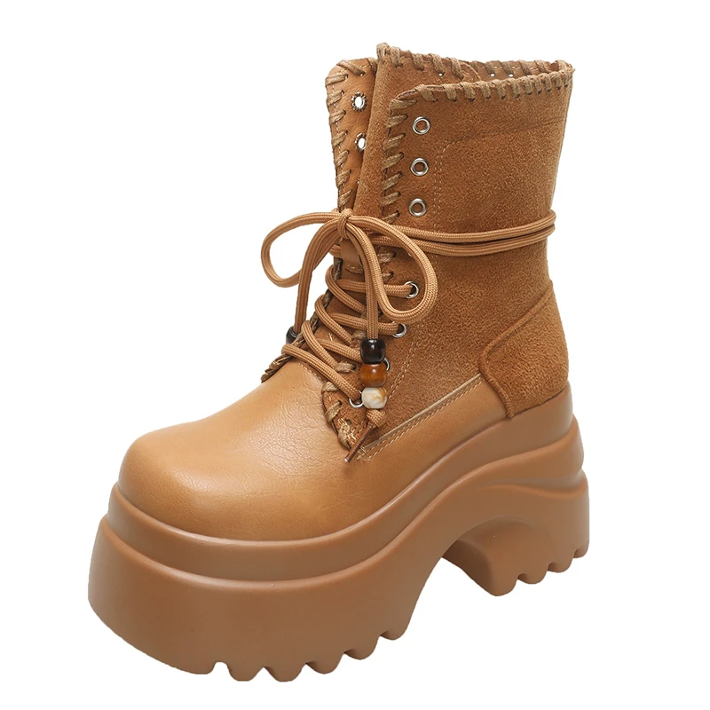 

Женские мотоциклетные ботинки на высокой платформе, прогулочные ботильоны на танкетке 9 см, новинка 2025 года, осень-зима, современные короткие ботильоны на шнуровке