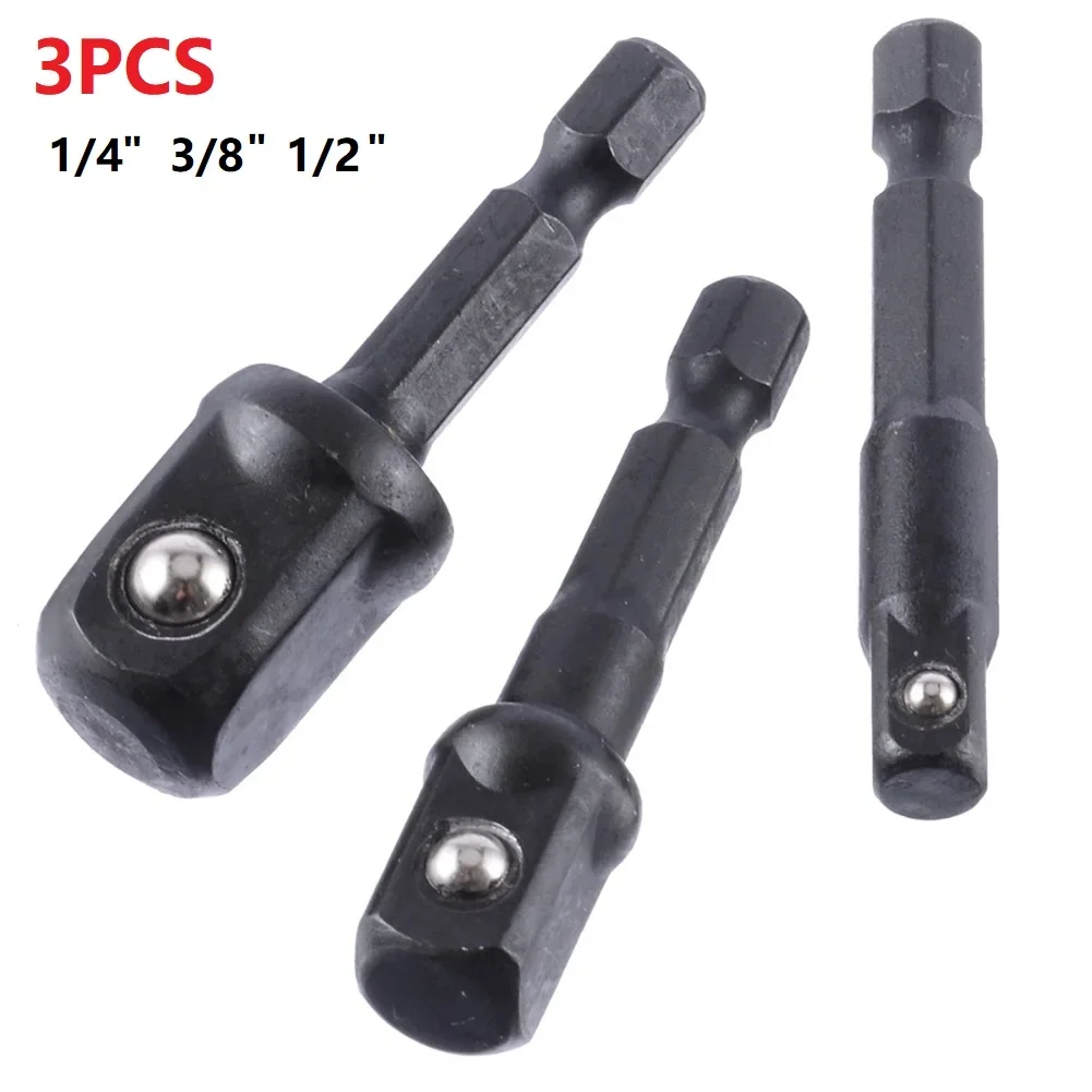 3PCS Impact Socket Adapter 1/4 3/8 1/2Inch 50mm Nut Driver Socket Hex Shank Steel Bead Handle Extension Drill Bit Accessories