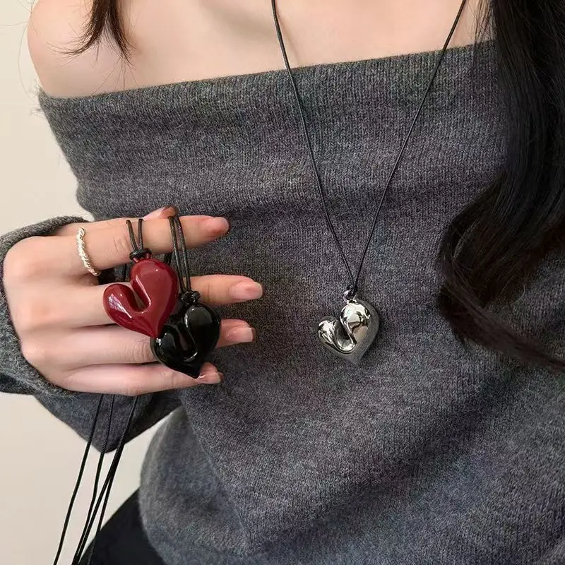 Necklace Long Heart Pendant Black Cord Adjustable Sweater Chain Minimalist Versatile Premium Women Daily Lightweight Gift