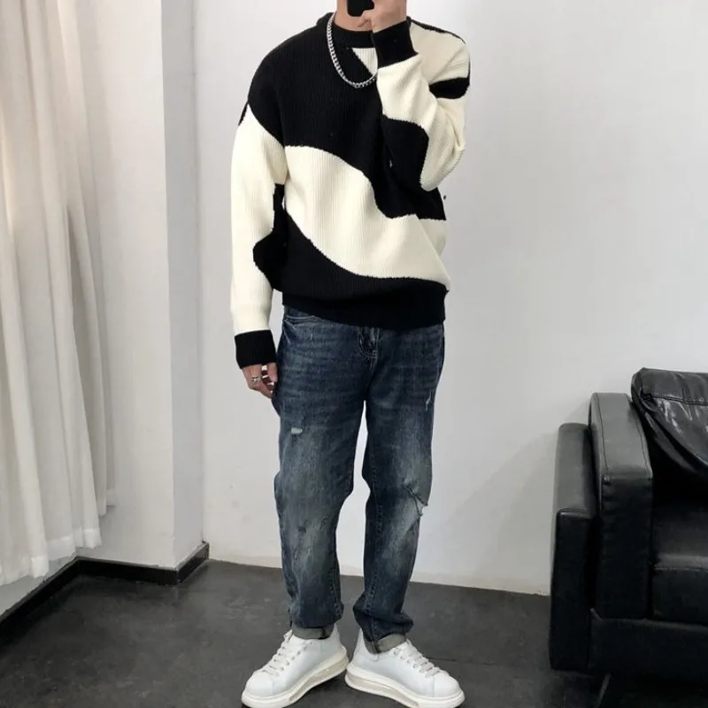 سترة رجالية متماسكة بياقة دائرية ملابس تريكو ضيقة قابلة للتمدد بالإضافة إلى حجم كبير بلوزة هاراجوكو منسوجة للخريف والشتاء بلوفرات رخيصة للرجال #4