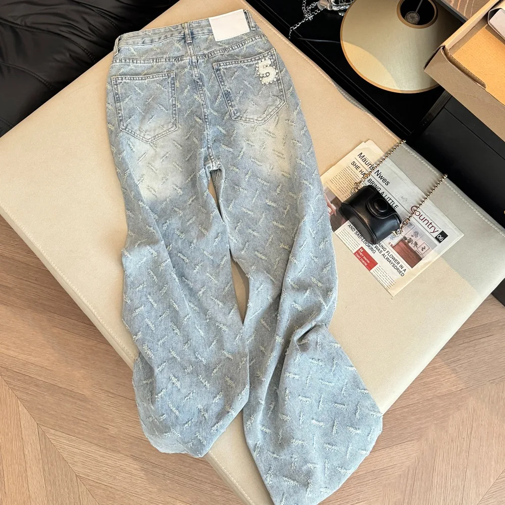

Korean Style Light Blue Feathers Rhinestone Embroidery Design Denim High Waist Slim Straight Leg Wide Leg Pants Women Summer