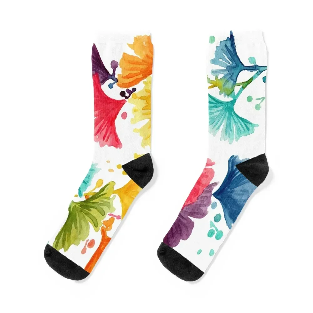 

rainbow watercolor ginkgo leaves Socks hockey cotton basketball Stockings man Girl'S Socks Men's