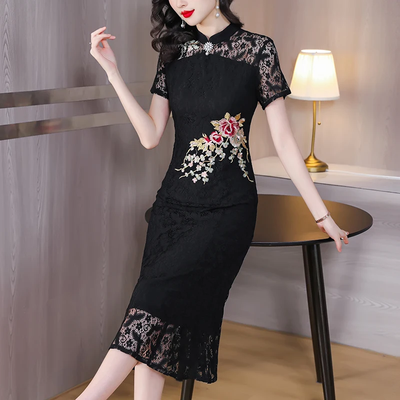 2023 Summer New Silk Embroidery Improved Qipao Dress Black Lace Splice Long Fit Slim Medium Long Retro Long Dress Women's Robe