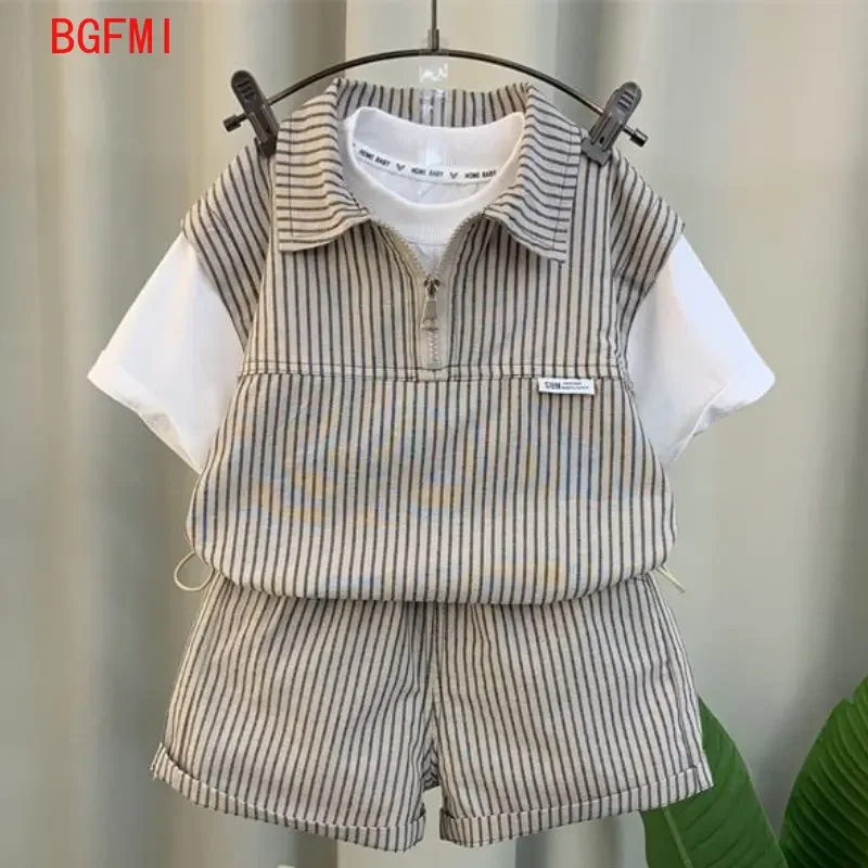 

Teenage boys top and bottom set Summer Stripe Outfits Short Sleeves Patchwork Shirt +Shorts Two-piece suit men's baby clothes