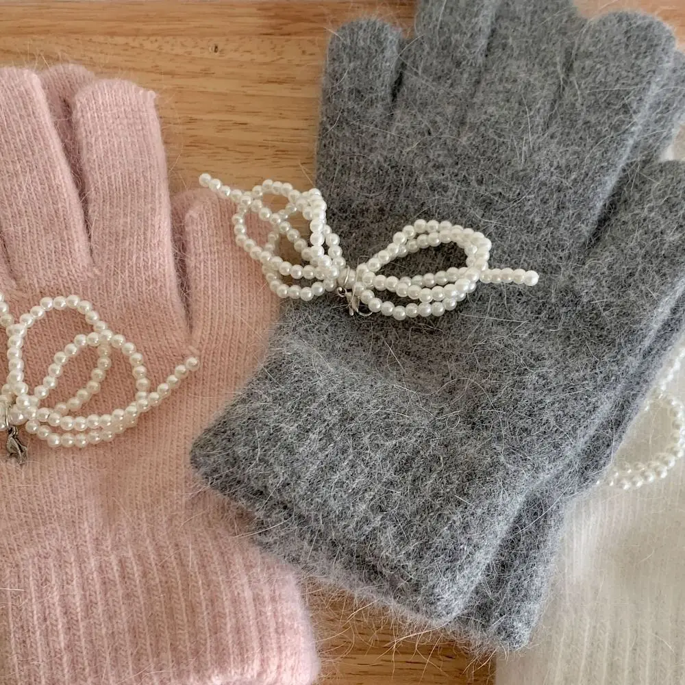 

Lovely Touch Screen Pearl Bow Knitted Gloves Bowknot Solid Color Winter Velvet Gloves Windproof Wool Women Mittens Student