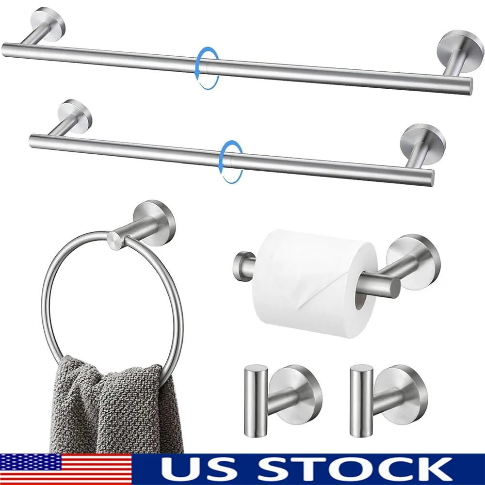 

Bathroom Hardware Set 6-Piece Towel Bar Toilet Paper Holder Towel Ring Robe Hooks Stainless Steel Easy Install Modern Design