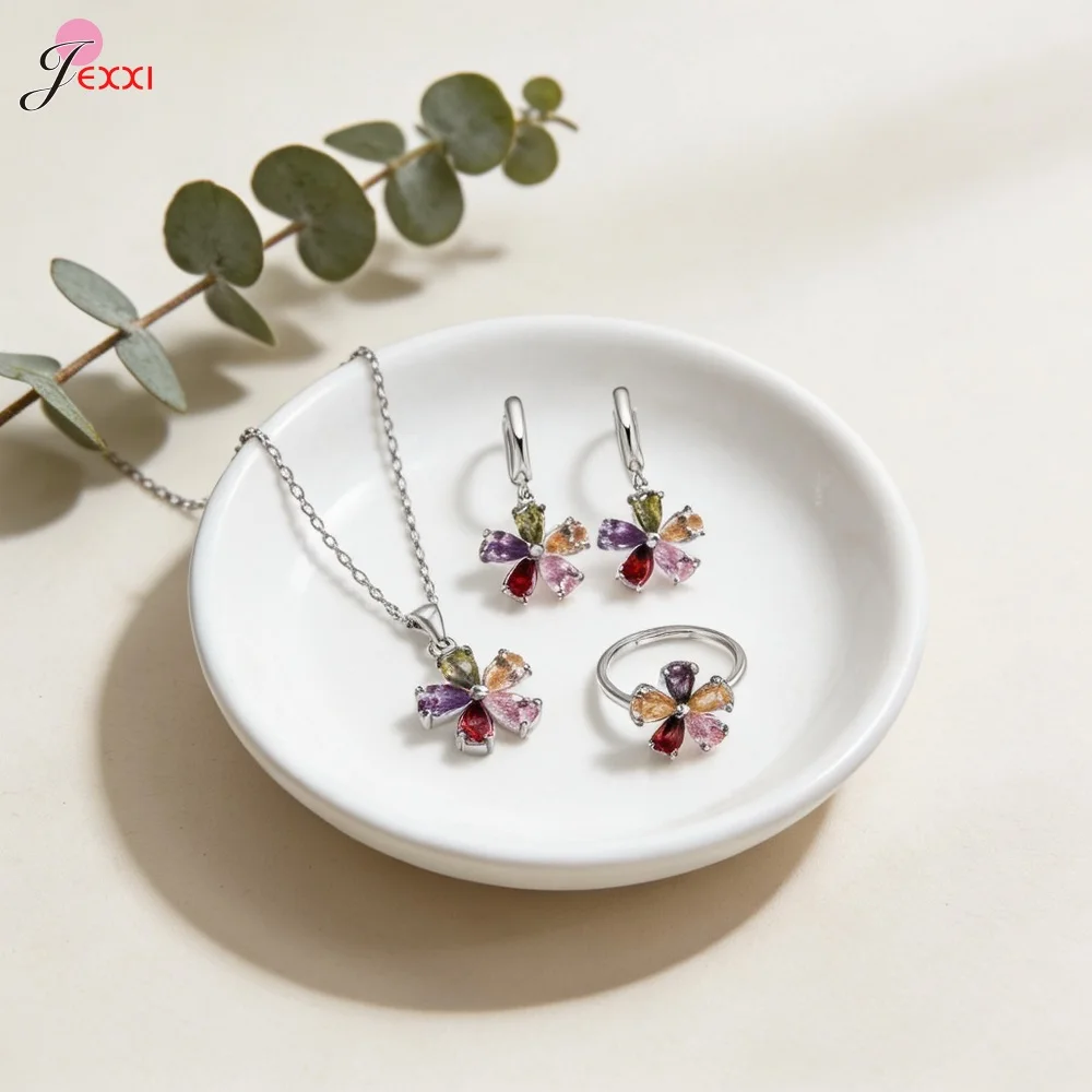 

Sparkling Genuine 925 Sterling Silver Jewelry Set for Women Rainbow Flower Cut CZ Jewelry Set Delicate Floral Pendant Jewelry