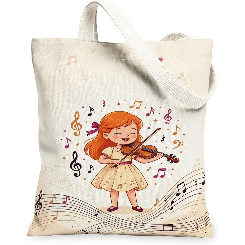 Cute Girl Playing Violin Music Note Print Canvas Tote Bag Musical Staff Cartoon Reusable Shoulder Shopping Handbag