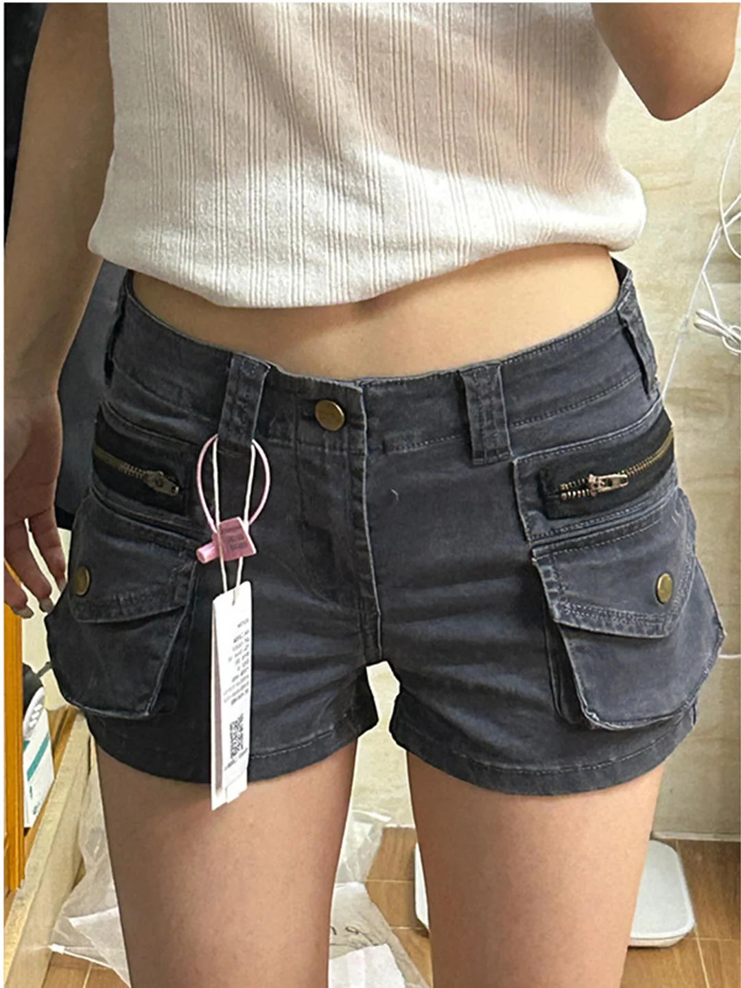 Low Waist American Style Denim Shorts Women's Summer Slim Fit Super Short Hot Pants Multi Pocket Straight Leg Trendy Shorts