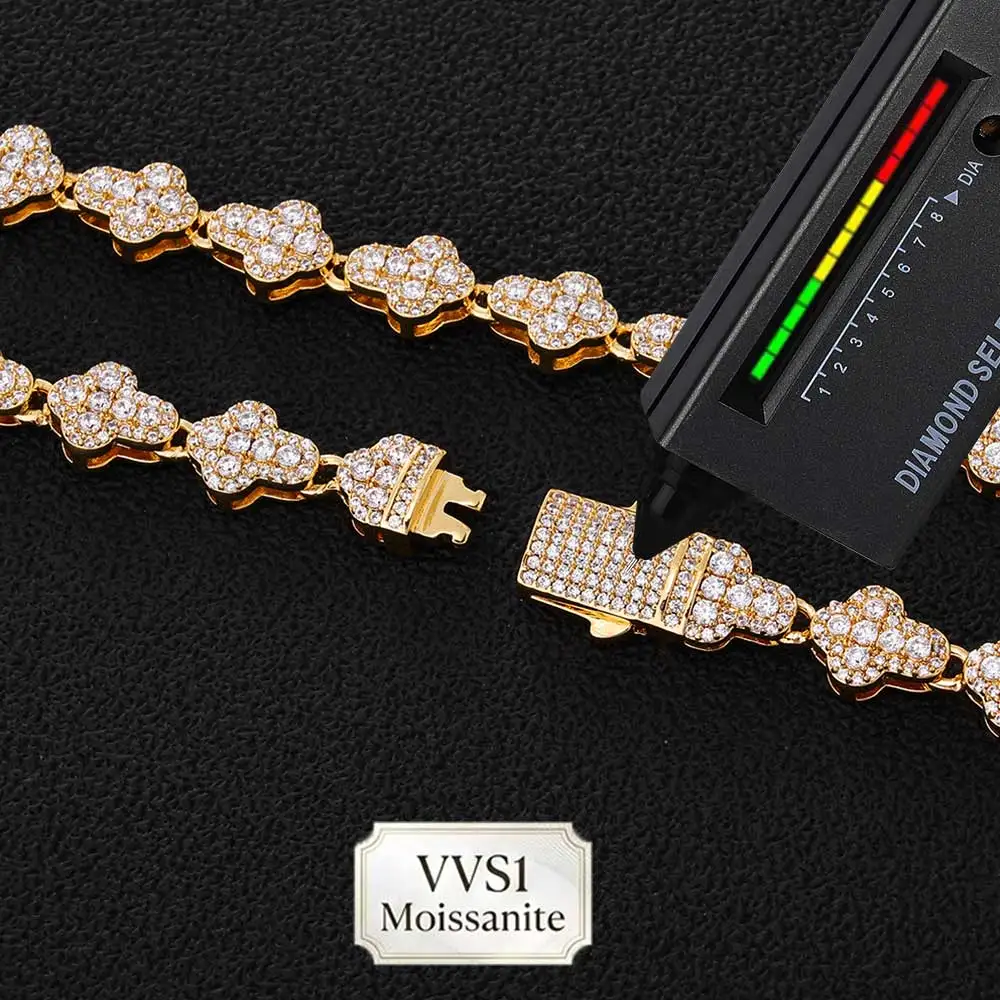 Nuoya Brass/925 VVS1 Moissanite Tennis Necklace Hip Hop Full Paved Diamond Cross Bracelet Unisex