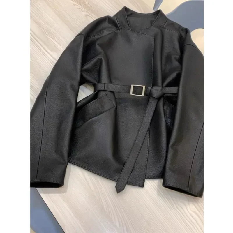 Long Leather Jacket for Women in Autumn Super Cool Personality Loose and Slim Lace-up PU Leather Windbreaker Long-sleeved Jacket