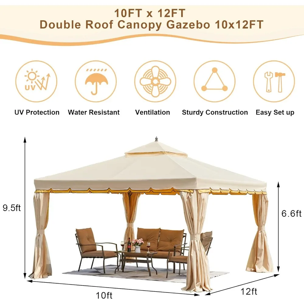 10x12 Outdoor Gazebo, Double Roof Patios Gazebos Steel Frame with Netting and Shade Curtains, Patio Gazebo