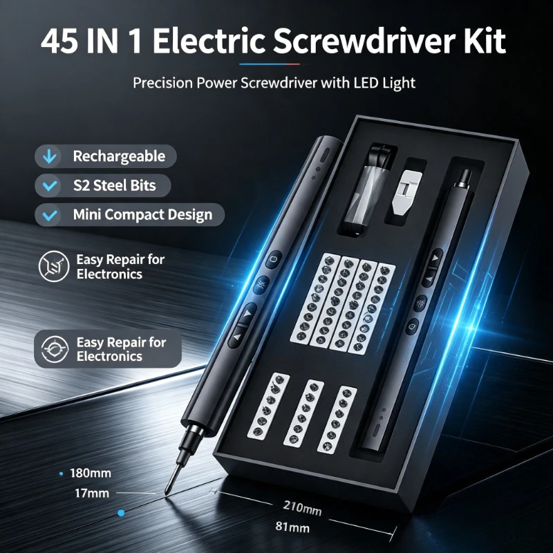 45 IN 1 Precision Electric Screwdriver Set Built-in LED Fill Light Rechargeable Mini Power Screwdriver Kit S2 Steel Bits
