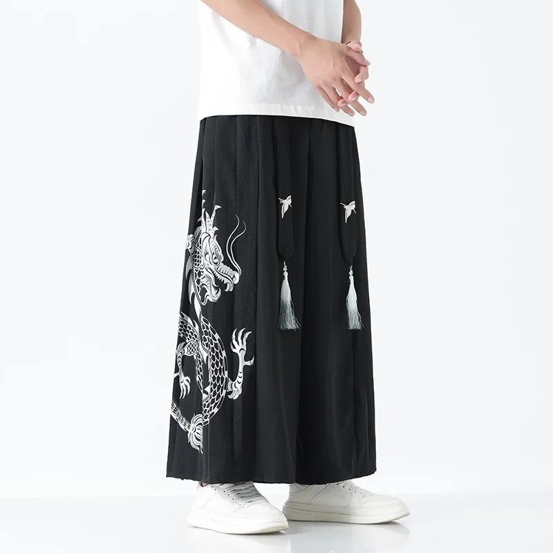 Dragon Pattern Wide Man Pants Work Wear Japanese Baggy Pants Men Streetwear Clothing Men's Wide Pants Ice Silk 2024 Autumn New