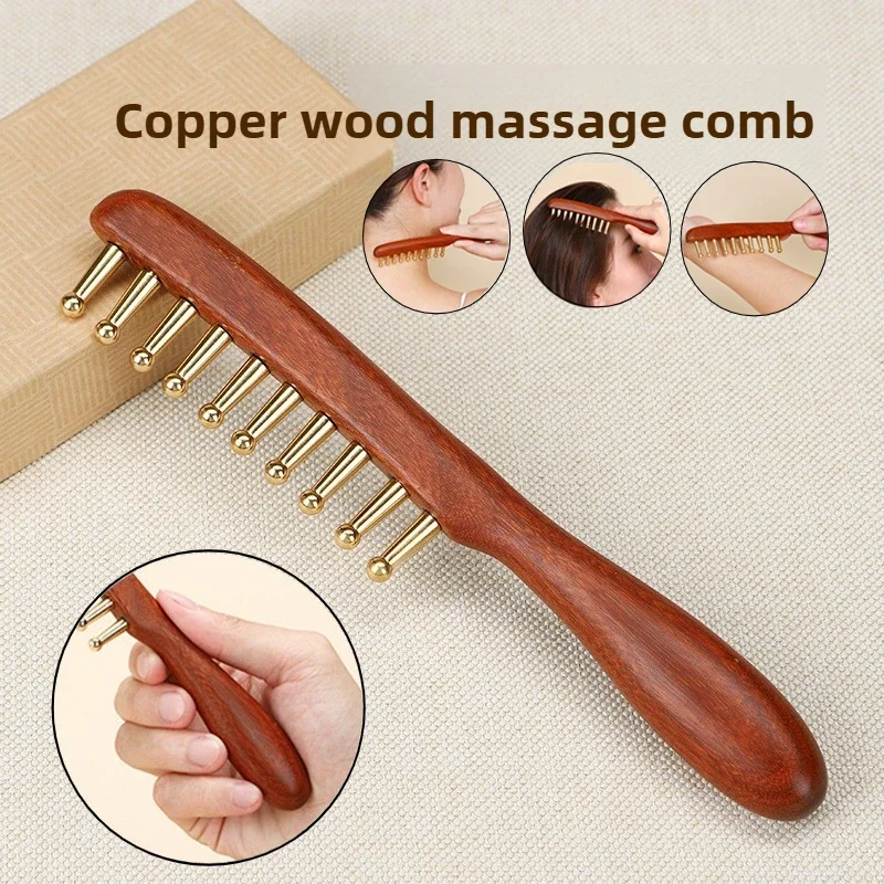Head Meridians Massage Comb Copper Wood Meridians Comb Needling Guasha Scalp Relax Tools Long Hair Head Therapy Meridian Comb