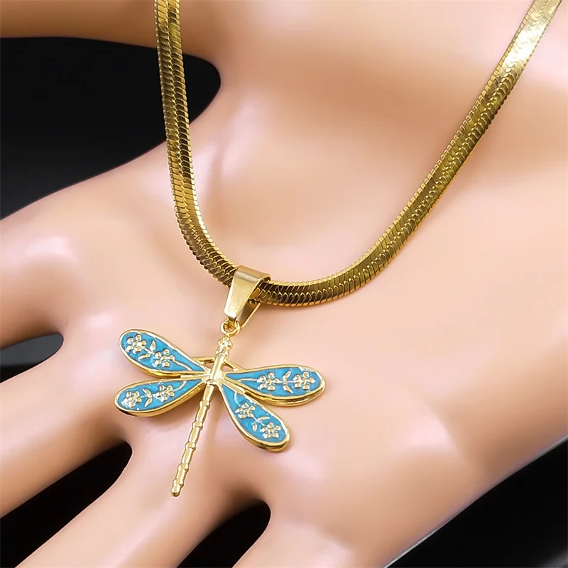 Vintage Personality Dragonfly Pendant Necklace For Women Stainless Steel Gold Color Clavicle Chain Necklaces Jewelry NZZZ402S04