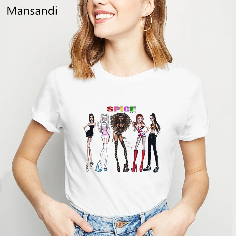 Spice Girls Womens 그래픽 티셔츠 여름 2022 화이트 힙합 티셔츠 Femme 하라주쿠 셔츠 Camisetas Mujer, 여성 티셔츠 탑스 스파이스 걸스