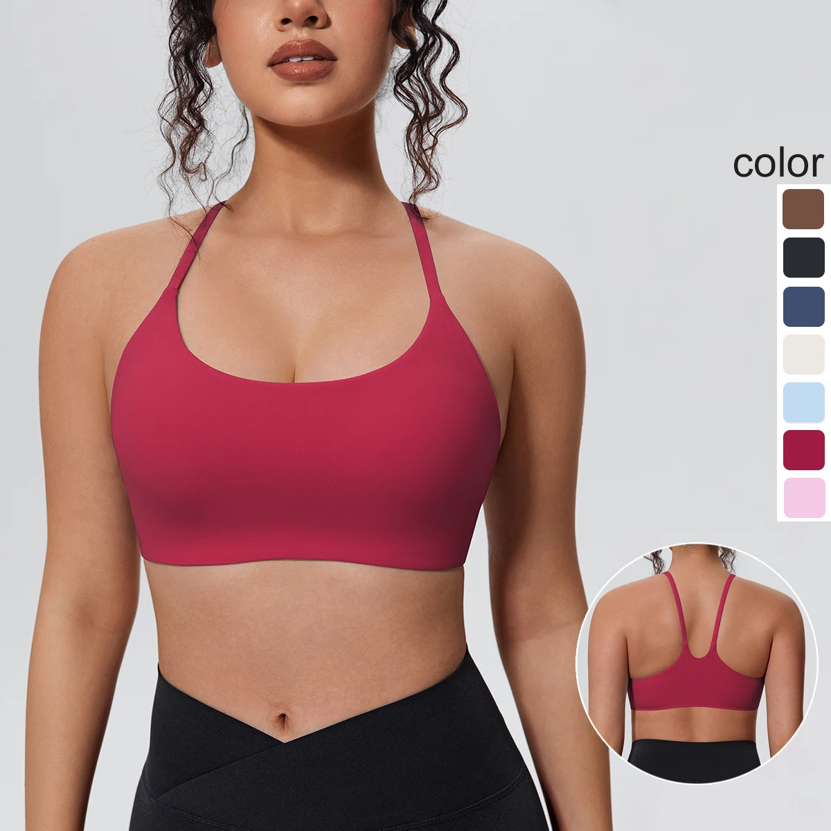 Solid Color Sexy Beautiful Back Gather Yoga Bra Women Shockproof Workout Top Summer Gym Sports Running Strap Bra with Chest Pad