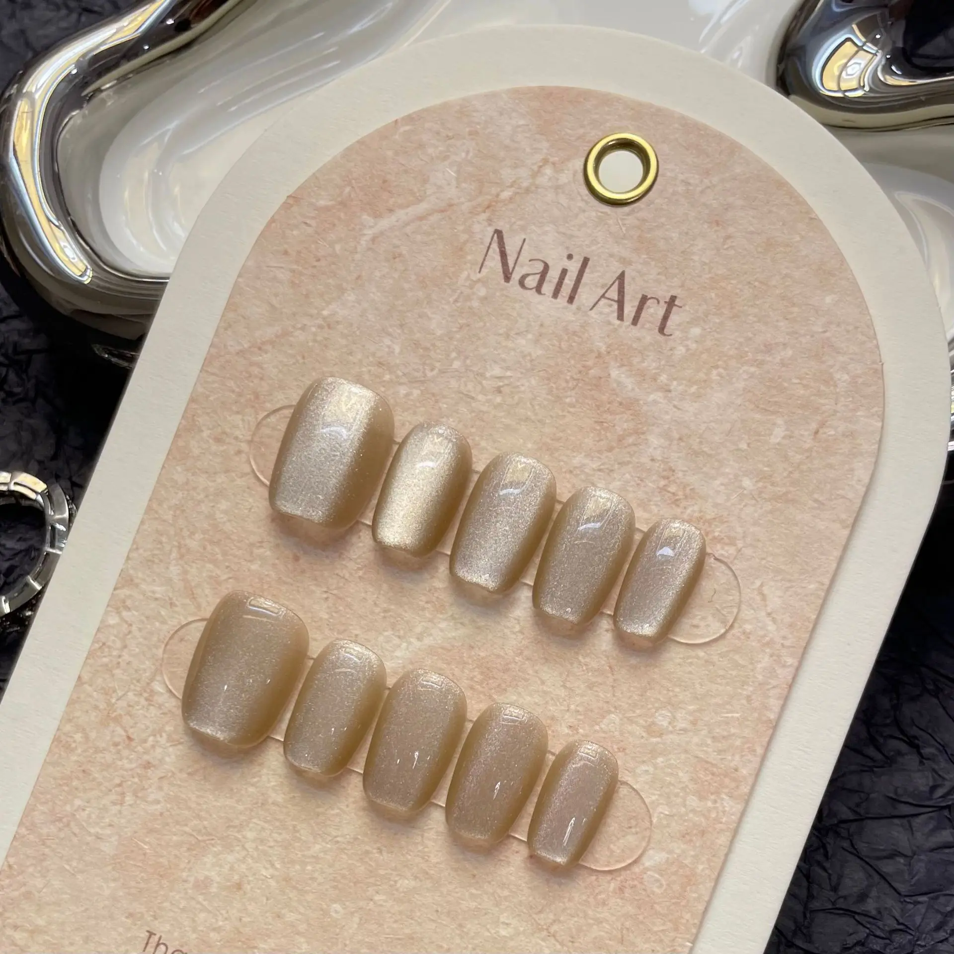 10 PCS Luxury Handmade Press on Nails Super Short Coffin Nuomi Jade Design with 3-PIECE Tool Adhesive Nail Glue Tabs