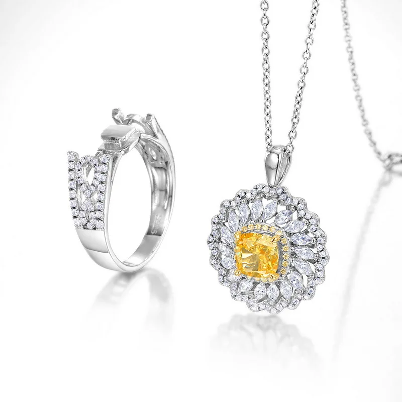 18K Gold High Carbon Diamond PT950 Platinum Ring for Women Full of Yellow Diamonds Detachable Pendant Dual-use Model