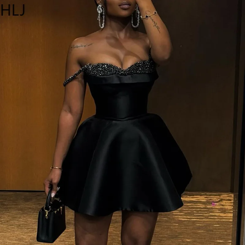 HLJ Elegant Rhinestone Patchwork Mini Bodycon Dress Off Showlder Backless Sleeveless Dresses Female Clubwear Vestidos Summer New