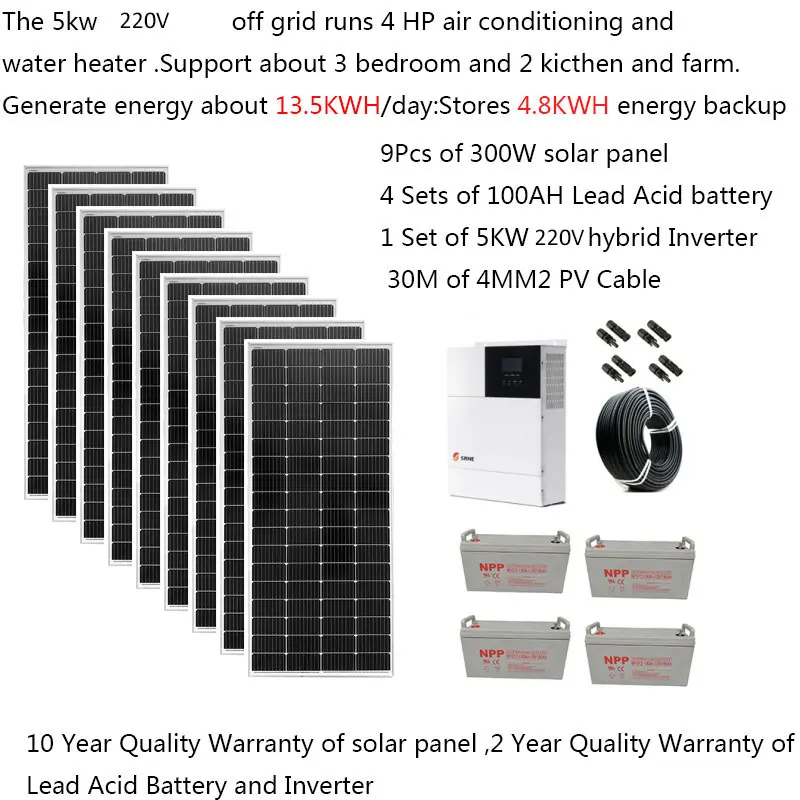 Solar System For Home Complete Kit 5000W  220V 110V Solar Panel 300W UPS Hybrid Inverter Pure Sine Wave Off Grid System 4HP