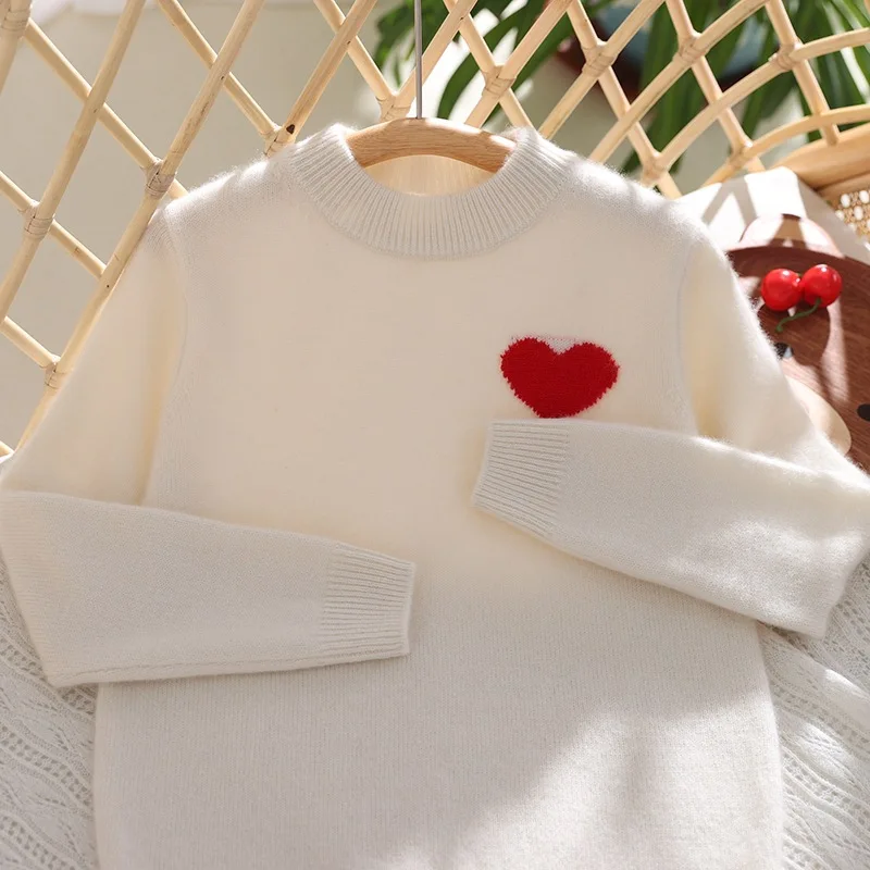 Children thickened 100% wool knitted sweater Boys girl round neck pullover keep warm Leisure cartoon heart pattern child sweater