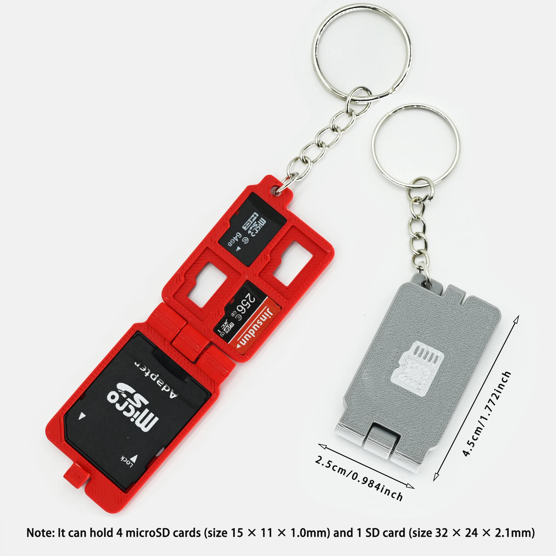 5-Card portable keychain memory card holder, can hold 4 microSD cards and 1 SD Card