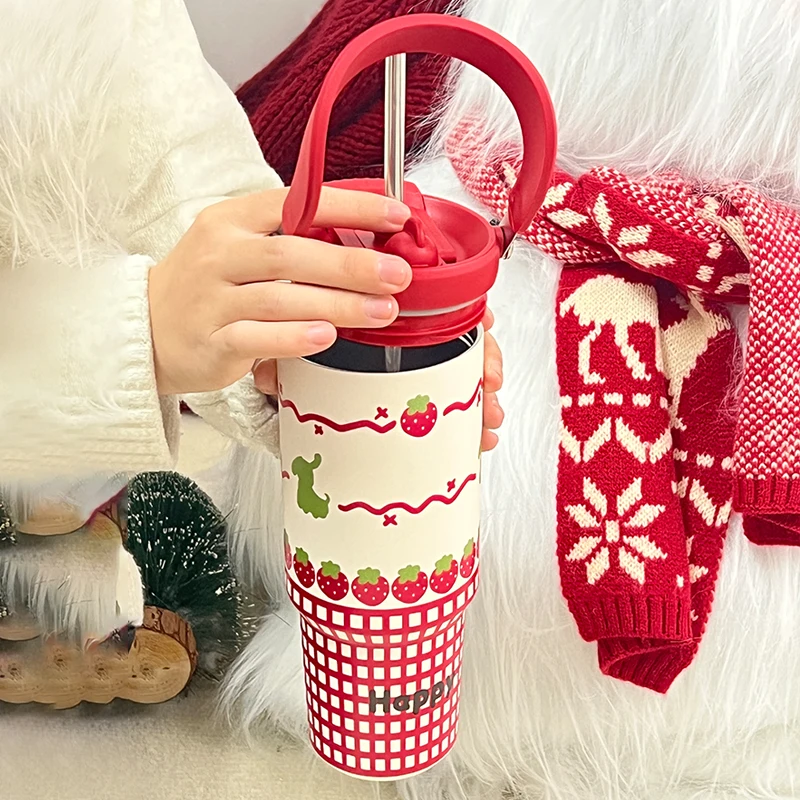 زجاجة ماء معزولة من الفولاذ المقاوم للصدأ بسعة كبيرة مع غطاء بقش وحامل للسيارة، كوب عصري للنساء #2