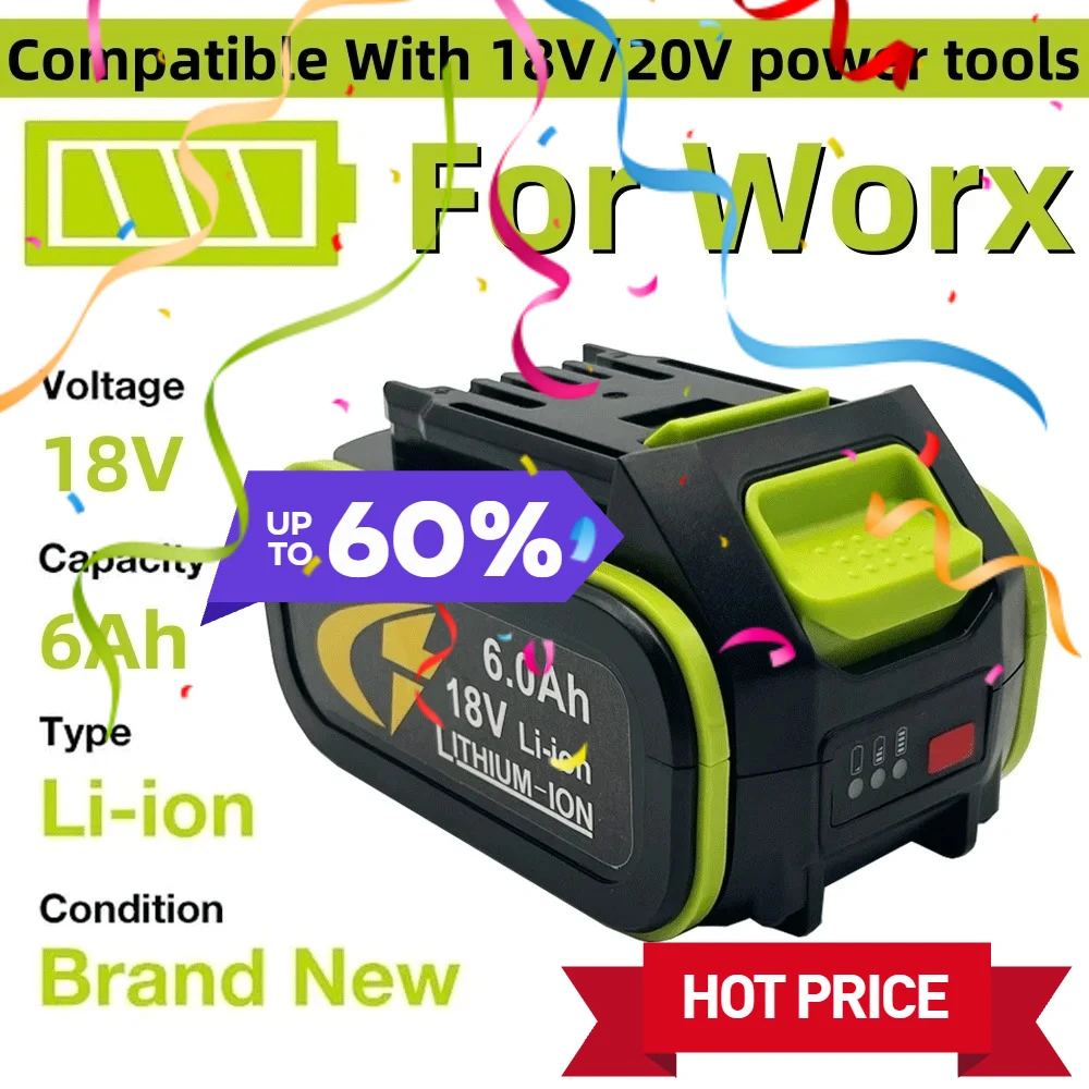 

18V For Worx 6.0Ah Batteria Universale Piattaforma Verde Adatto per WU386 WU388 WU279 WU182 WU380SWU808 Serie Utensili Elettrici
