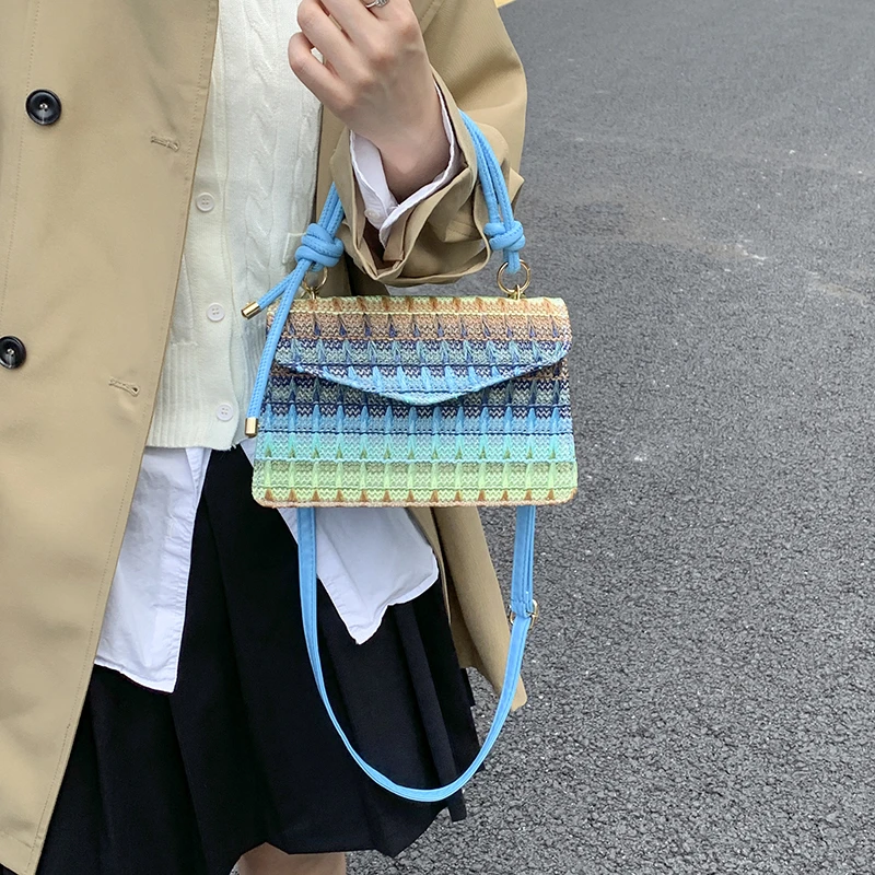 

Women Woven Straw Rainbow Bag Evening Handbag Mini Women Crossbody Handbag Cute Striped Shoulder Bag Fashion Boho Beach Purse