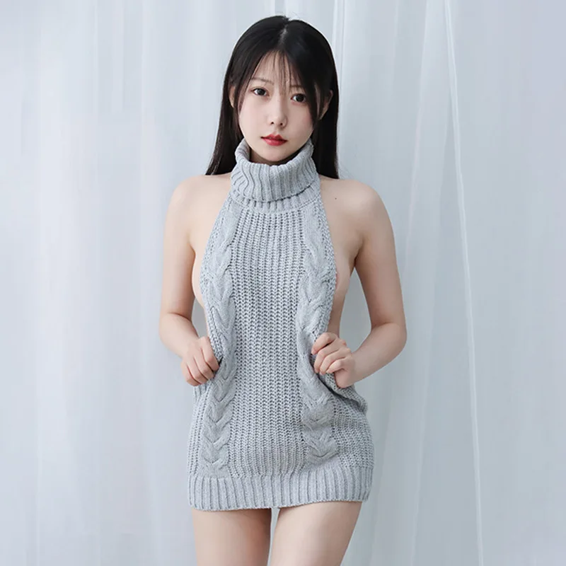 Sexy Open Back Knitted Sweater Dress Girl Dumpling Japanese Cute Anime Clothes Mini Dress Cosplay Costume Nightdress Underwear