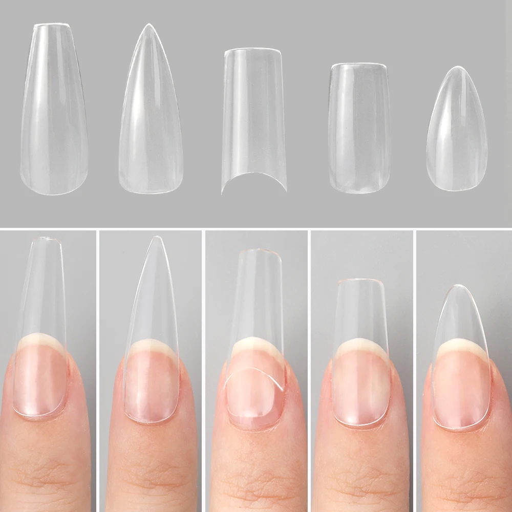 100pcs/box Clear Transparent Seamless Fake Nails Full Coverage False Nails Tips Short T-shaped Water Drop Full Sticker For Nails