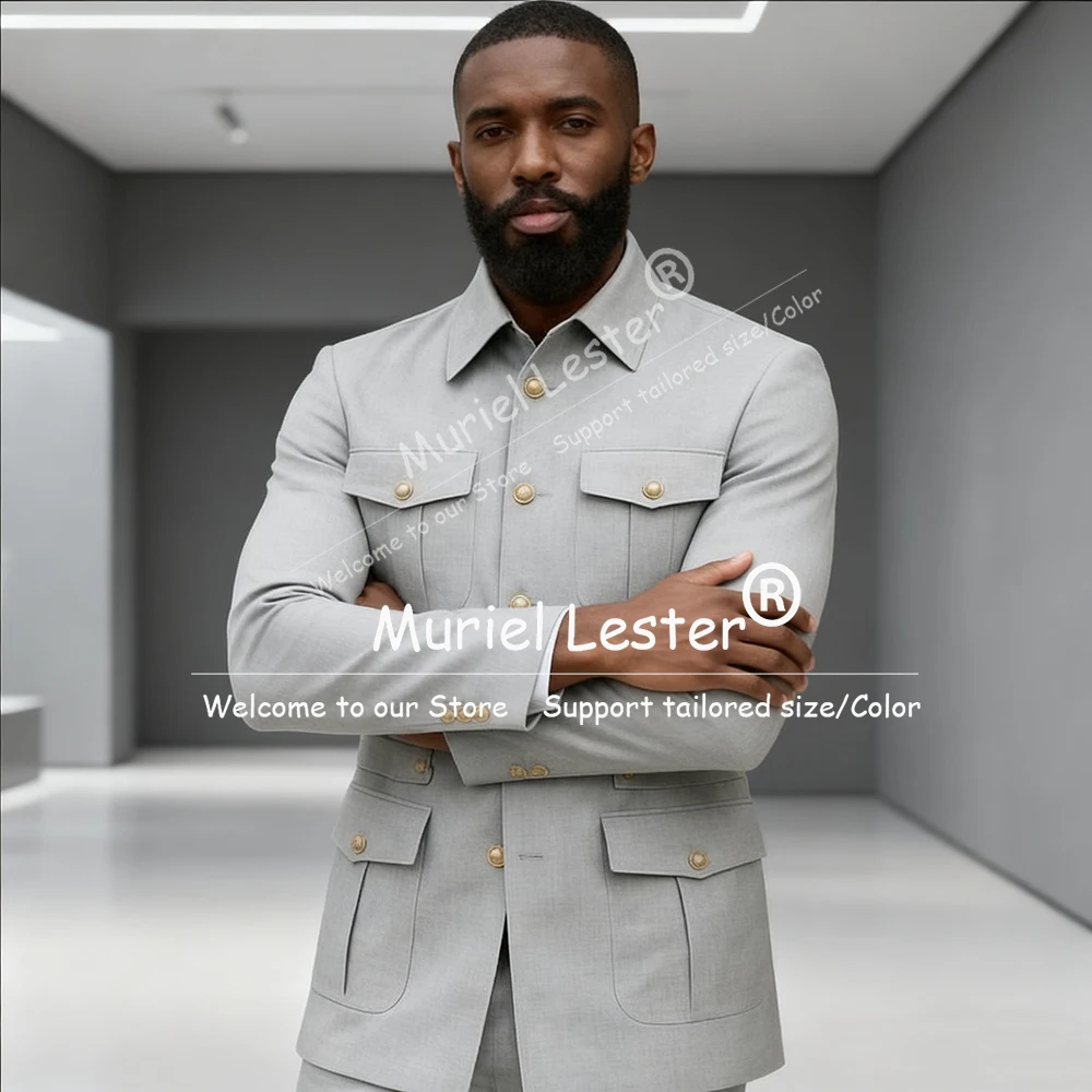 

Classic African Grey Suit Men For Wedding Single Breasted Jacket Pants 2 Pieces Stand Collar Blazers Outfit Man Banquet Attire