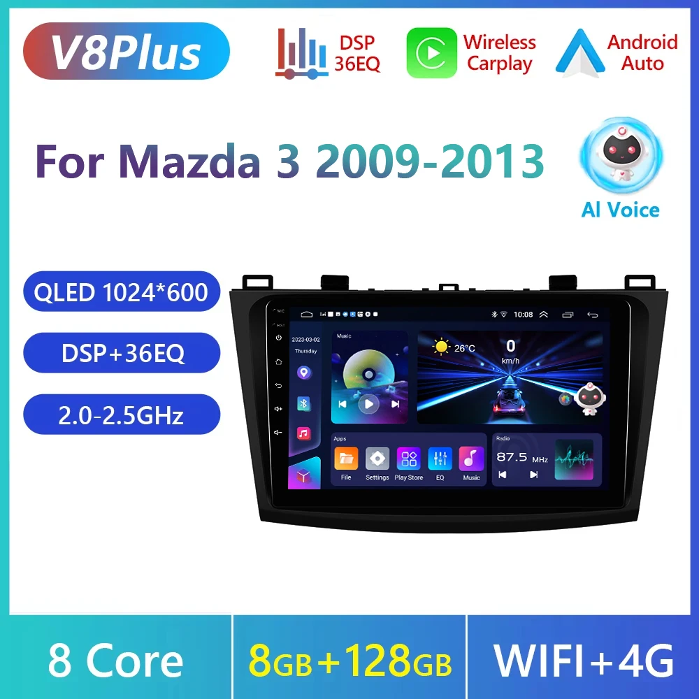 Podofo 9 inch draadloze Carplay Android Auto autoradio voor Mazda 3 2009-2013 auto intelligente systemen 2din multimediaspeler