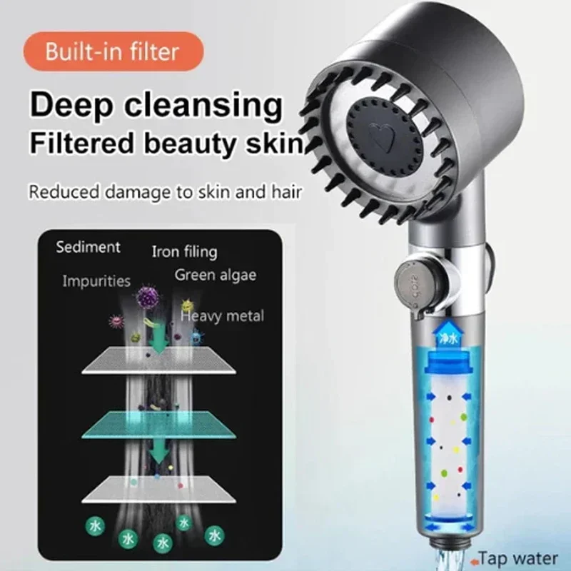 High Pressure Showerhead 4 Mode Rain Shower Head Massage Shower Head One-Key Stop Water With Filter Element Bathroom Accessories