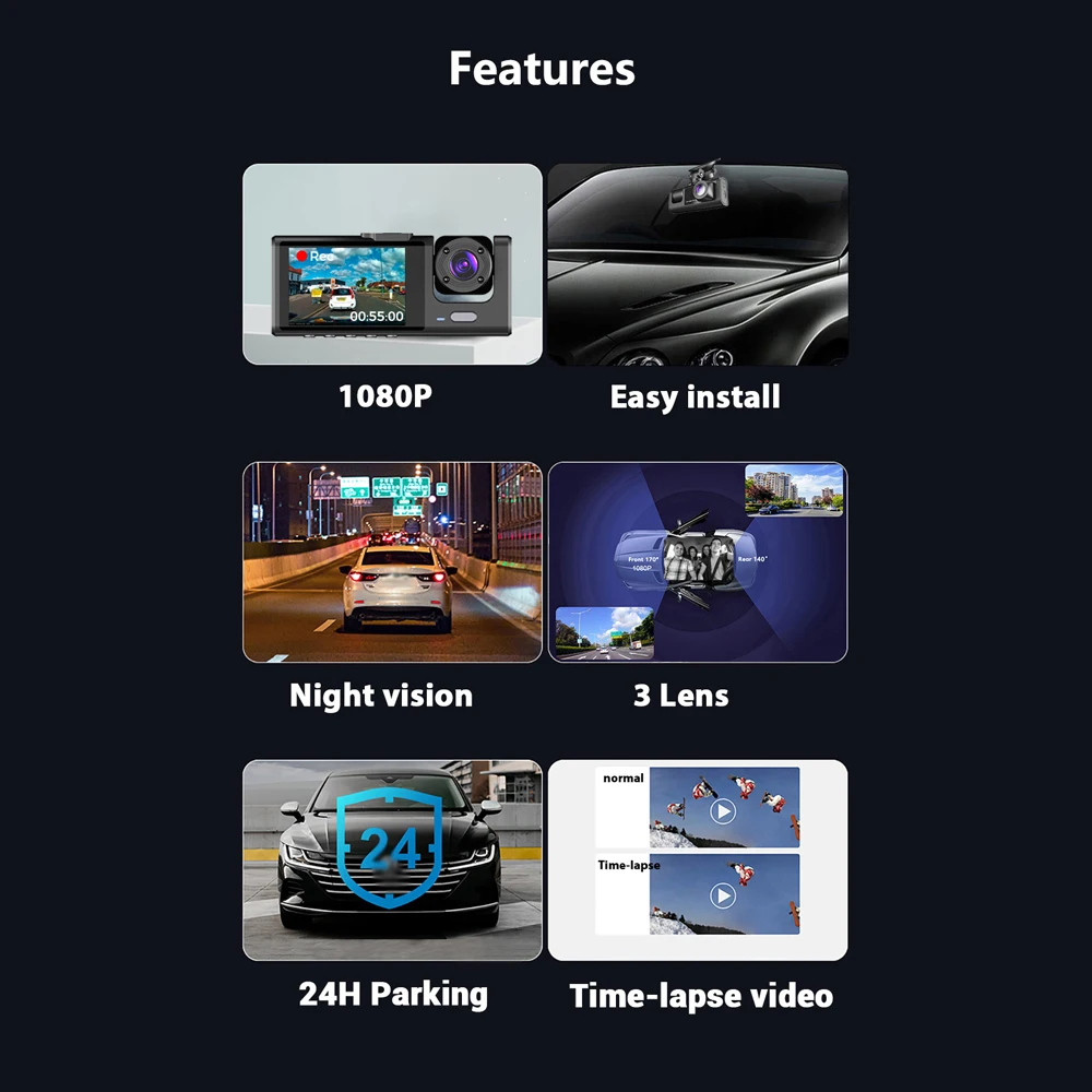 1080P DVR Dash Camera Front & Inside & Rear 2 Inch Screen Dashcam with Night-Vision Loop Recording One-Key Lock Standard - Image 2