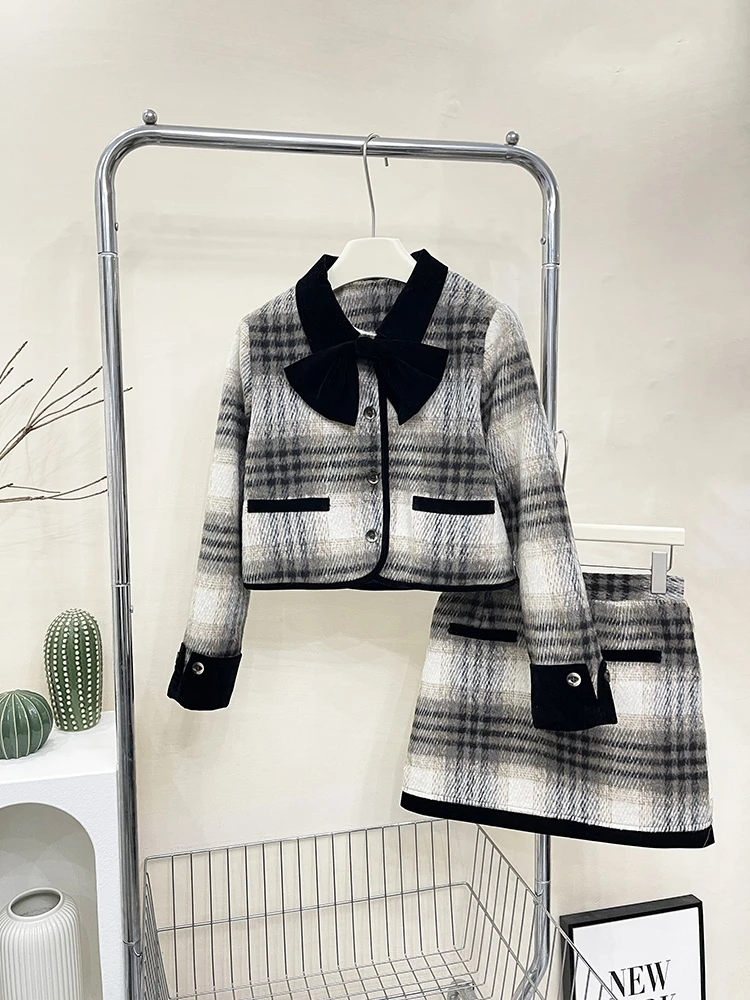 Fashion Commuter Down Plaid Suit Women 2023 Autumn Winter Thickened Bow Single-Breasted Splicing Coat+A-Line Skirt Two-Piece Set